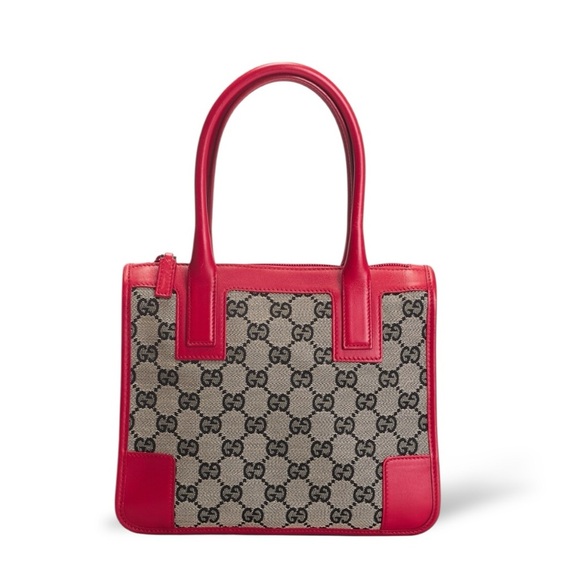 Gucci GG Canvas Tote Bag – Red Leather Trim | Vintage Designer Shoulder Bag - Picture 1 of 10